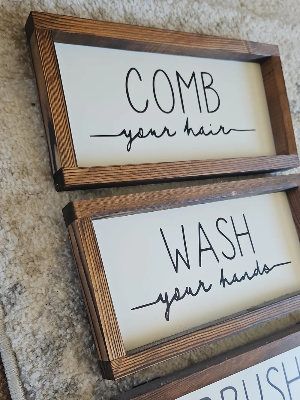 Wood Frame Bathroom Sign Set - White & Brown